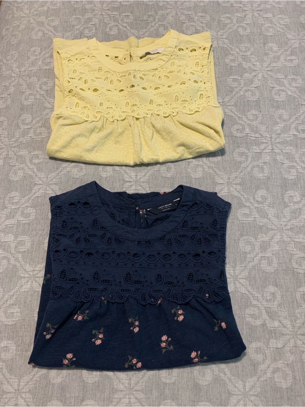 BUNDLE Lucky Brand Yellow Eyelet Tank & Navy Floral Eyelet Tank Set (Size S)